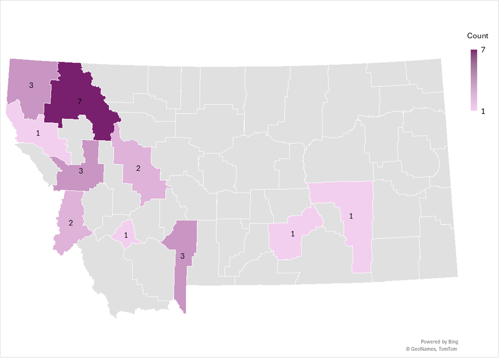 Map of Montana with counties with positive rabies detections year to date in FY26.  