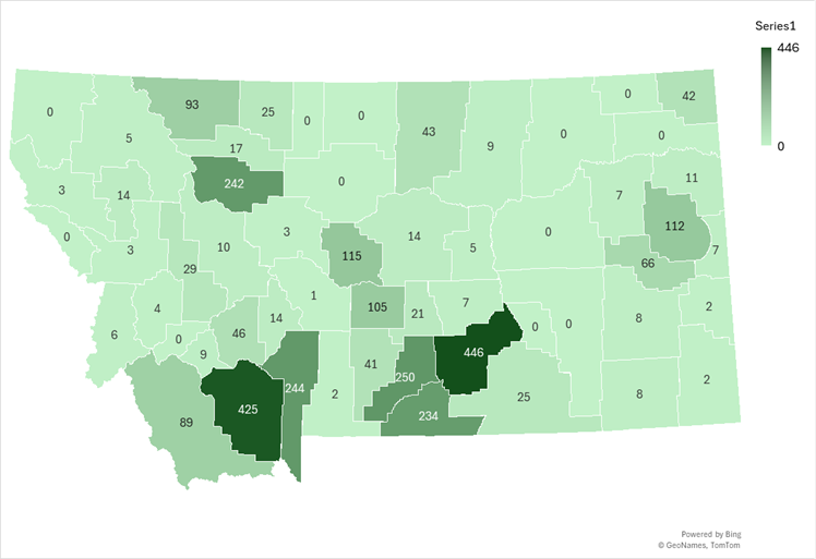 Map of Montana with the number of bovine trichomoniasis tests by county year to date in FY26.