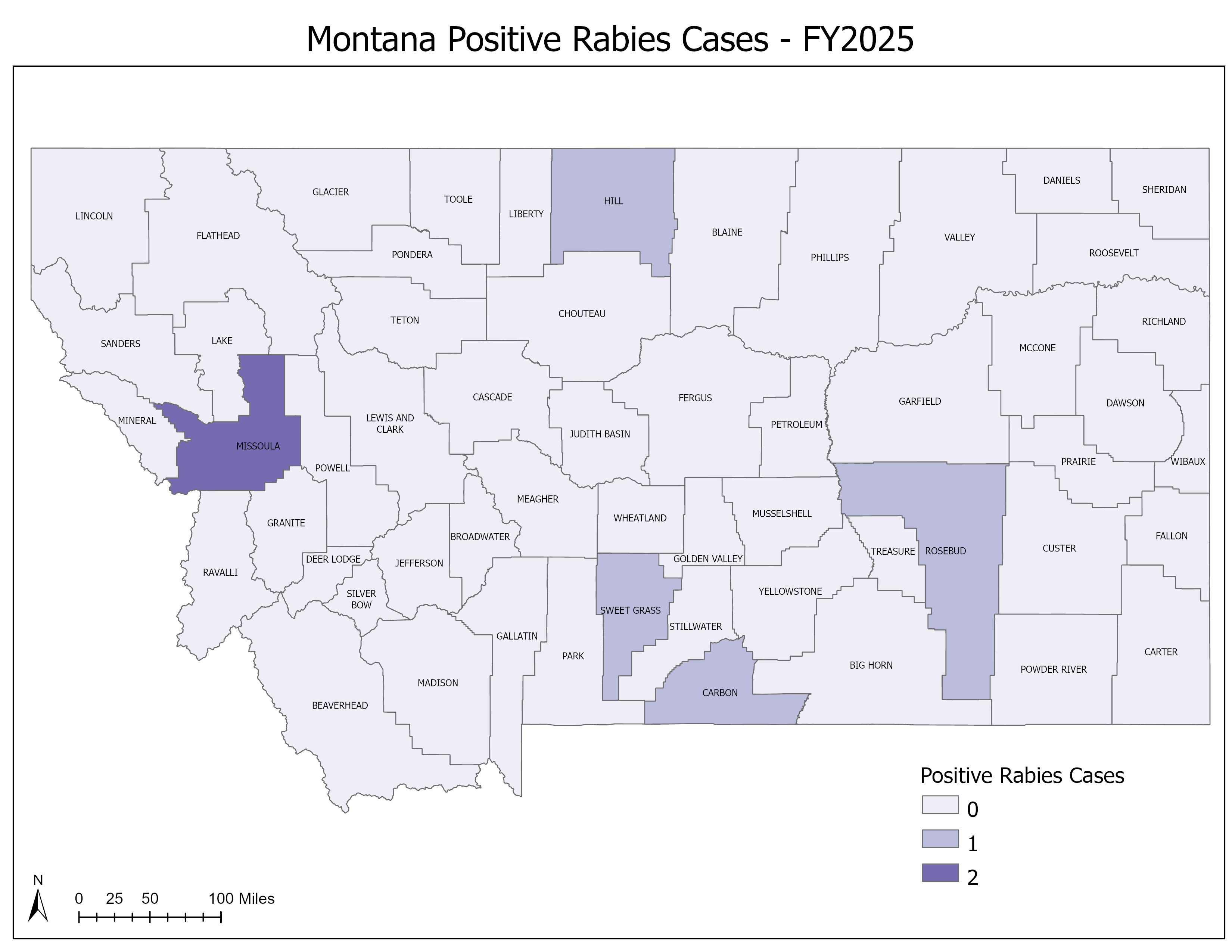 MT positive rabies cases by county